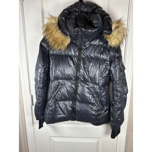 S13 New York  Woman's Puffer Down Jacket Small w/Hood Fur Trim Zip Front Pockets